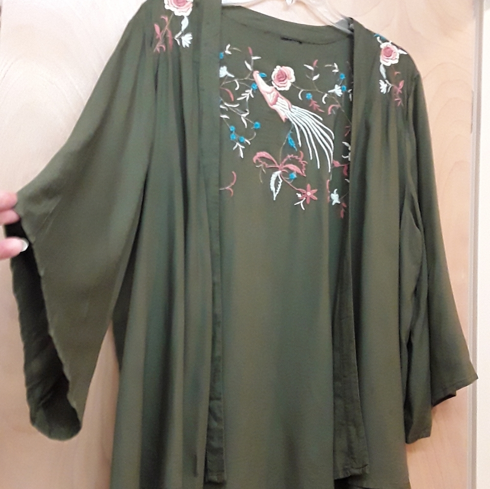 Green Olive Boho Embroidered floral Cardigan top